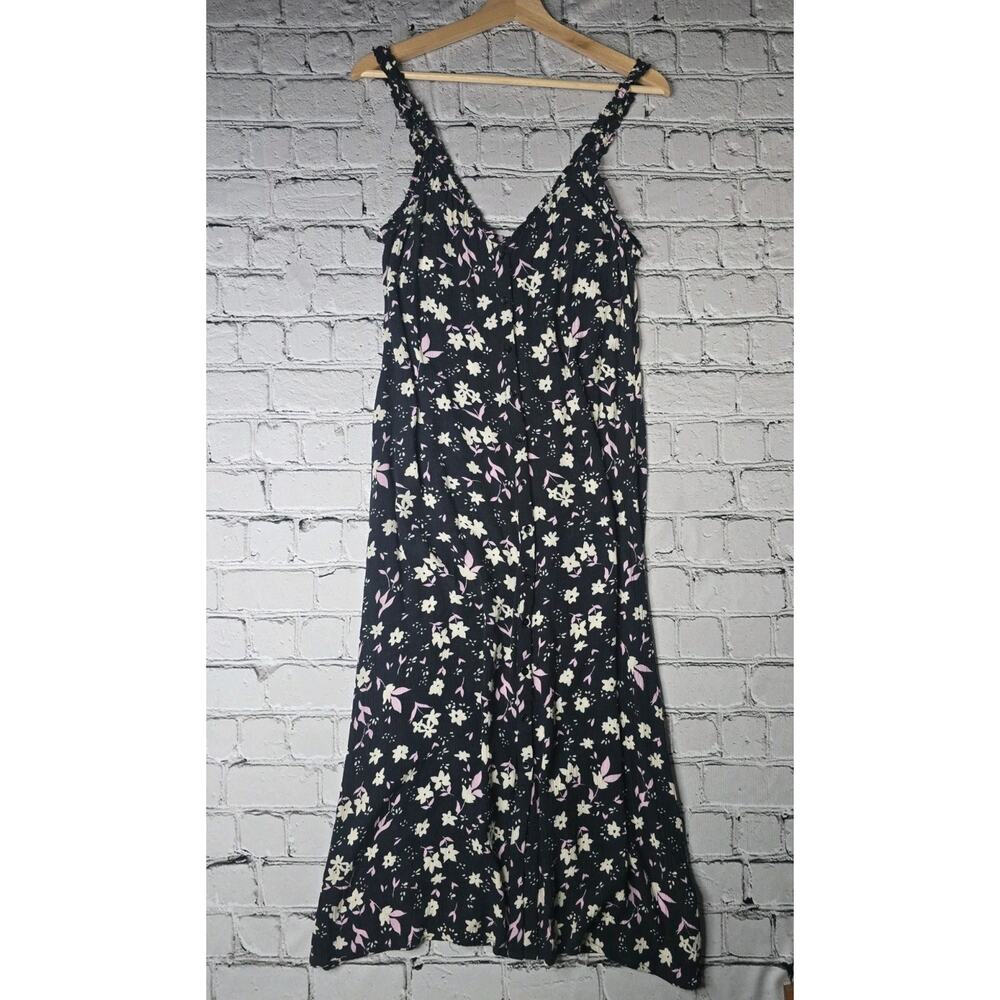 BillaBong Sweet Edges Floral Print Midi Dress In Black Button Accent Size Medium